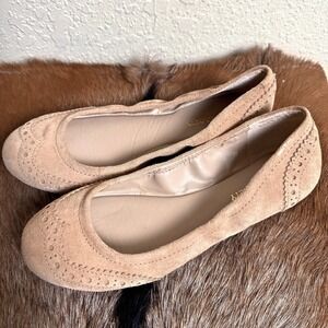 Sole Society 7.5 Tan Suede Brocade Ballet Flats Brogue‎ Preppy Minimalist READ